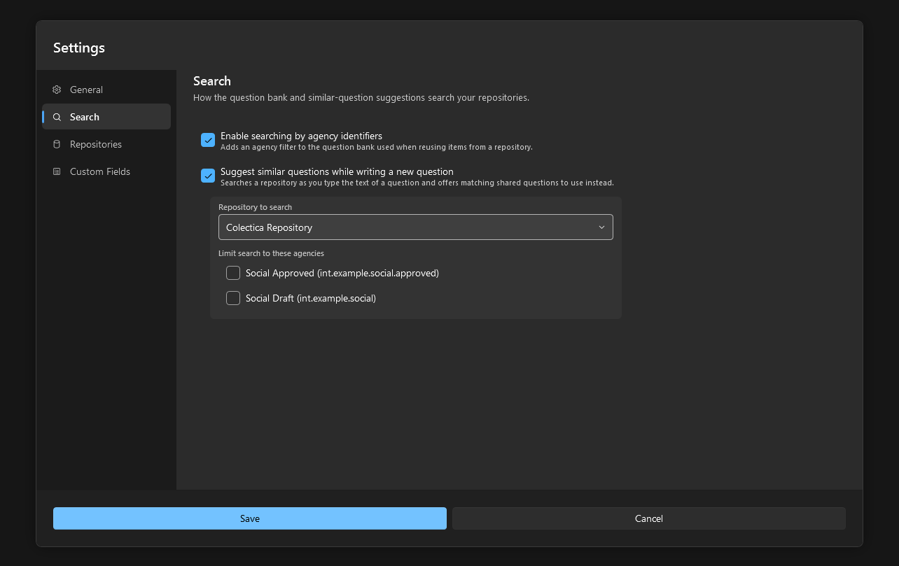 The Search section of the Settings dialog with both options on and a repository chosen