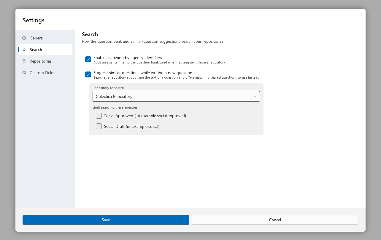The Search section of the Settings dialog with both options on and a repository chosen