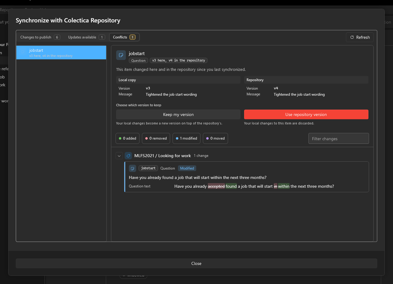 The Synchronize dialog's conflict resolution