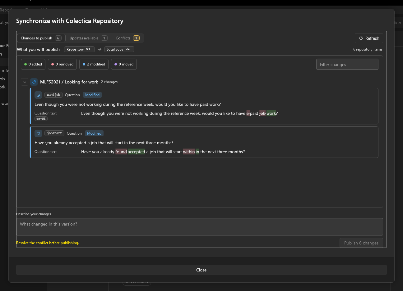 The Synchronize dialog showing changes to publish