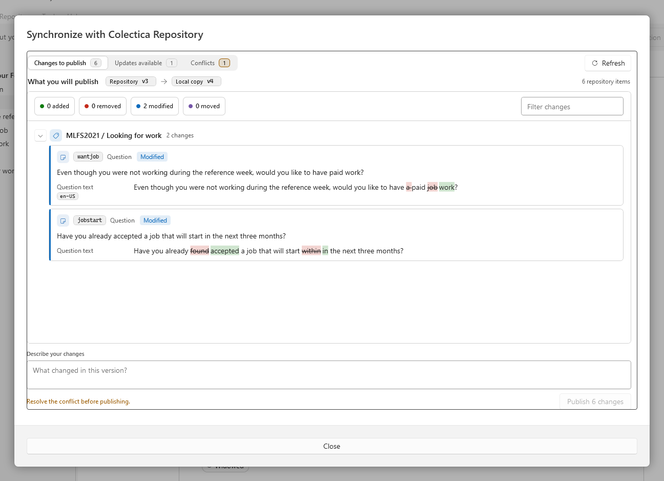 The Synchronize dialog showing changes to publish