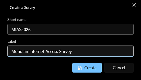 The Create a Survey dialog with the short name and label filled in