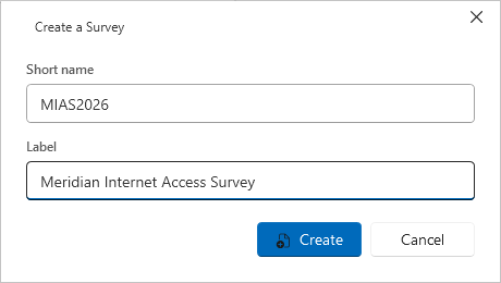 The Create a Survey dialog with the short name and label filled in