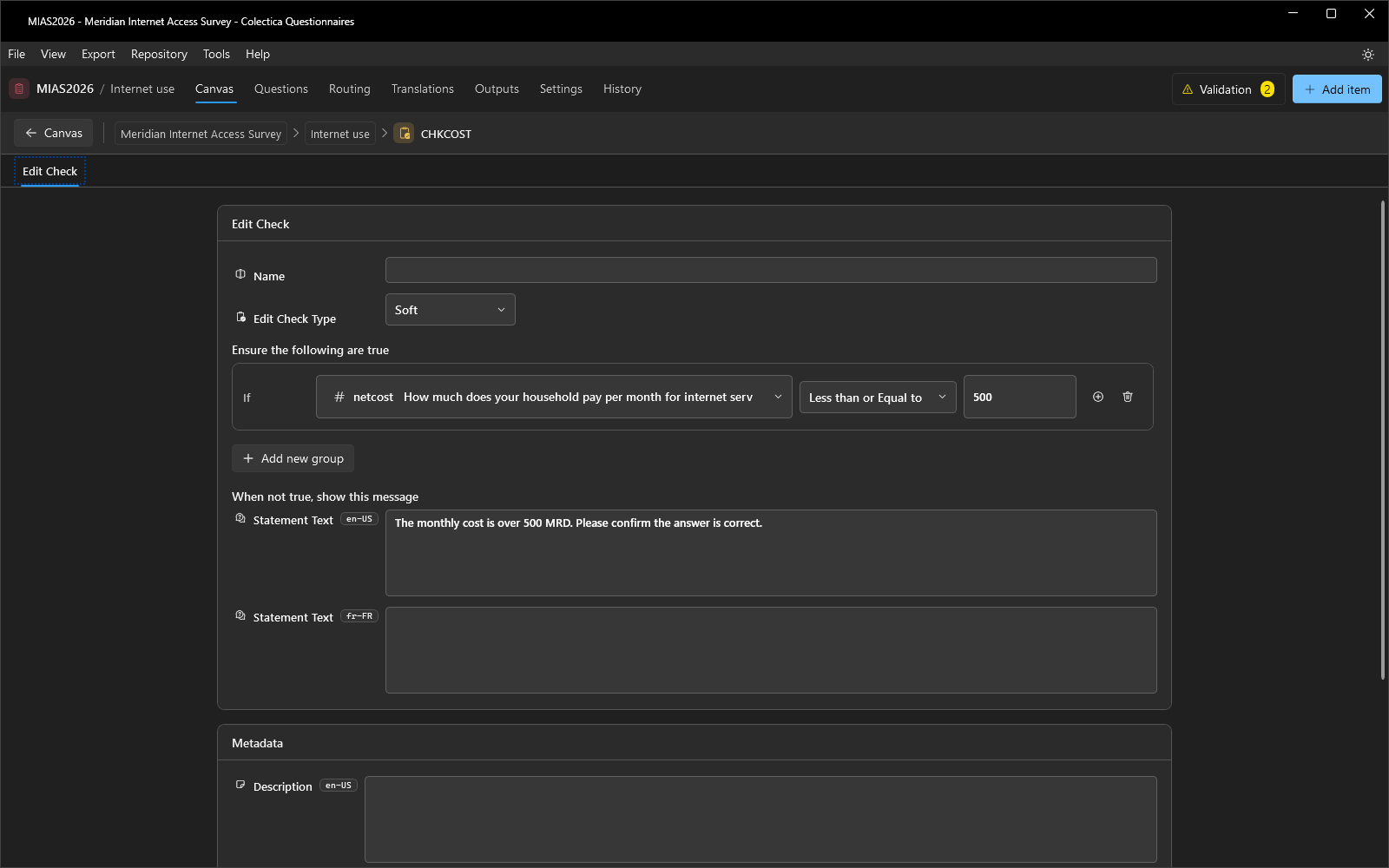 The edit check editor with the cost check