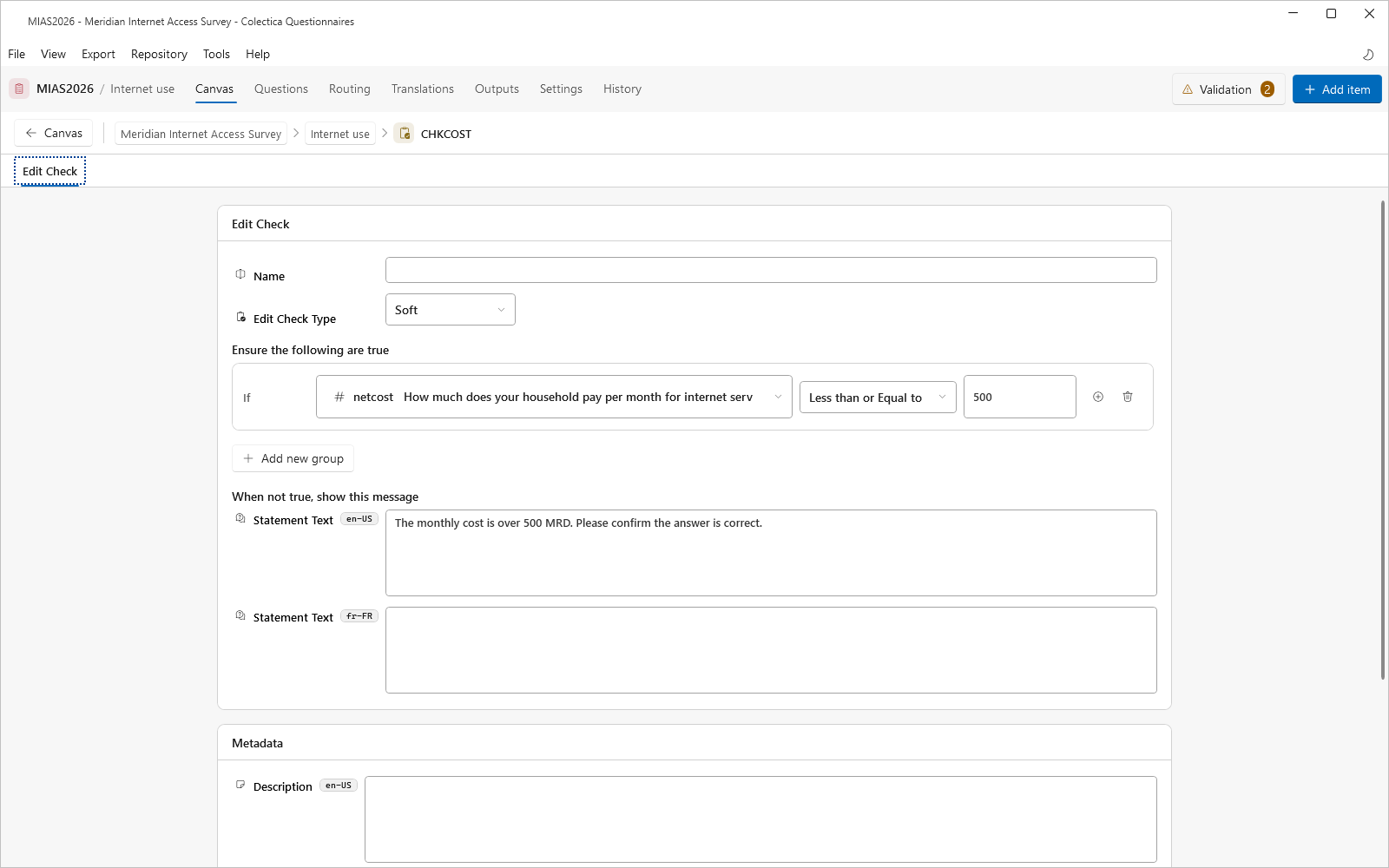 The edit check editor with the cost check