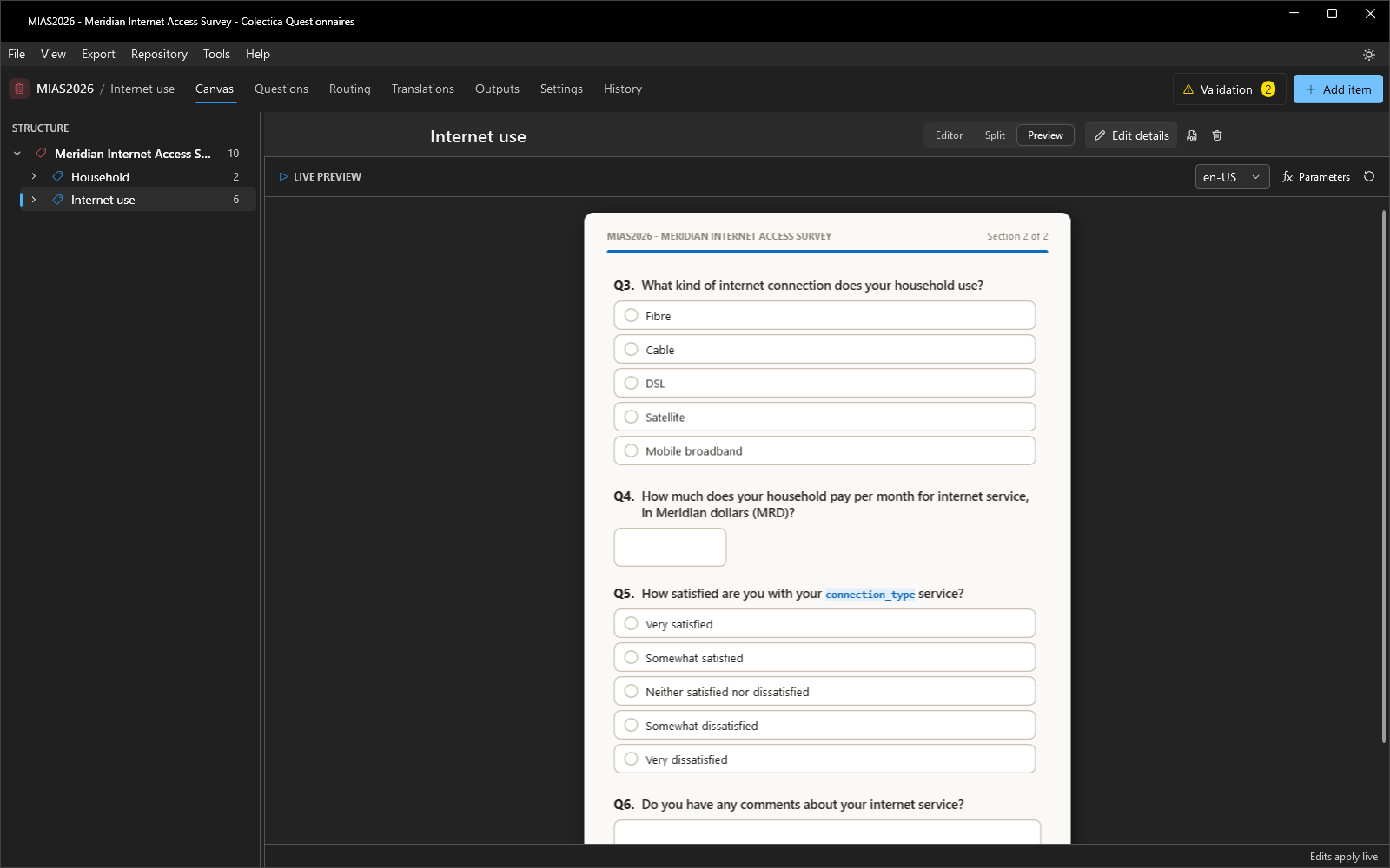 The preview showing the conditional questions after a Yes answer