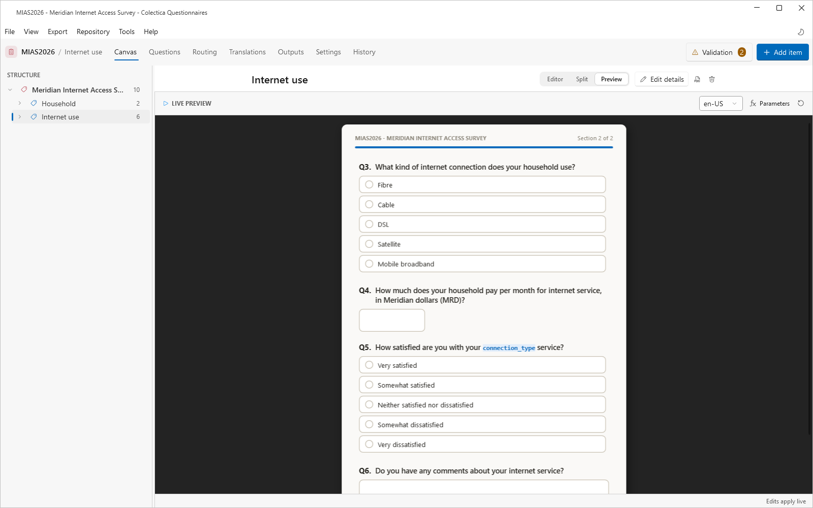 The preview showing the conditional questions after a Yes answer