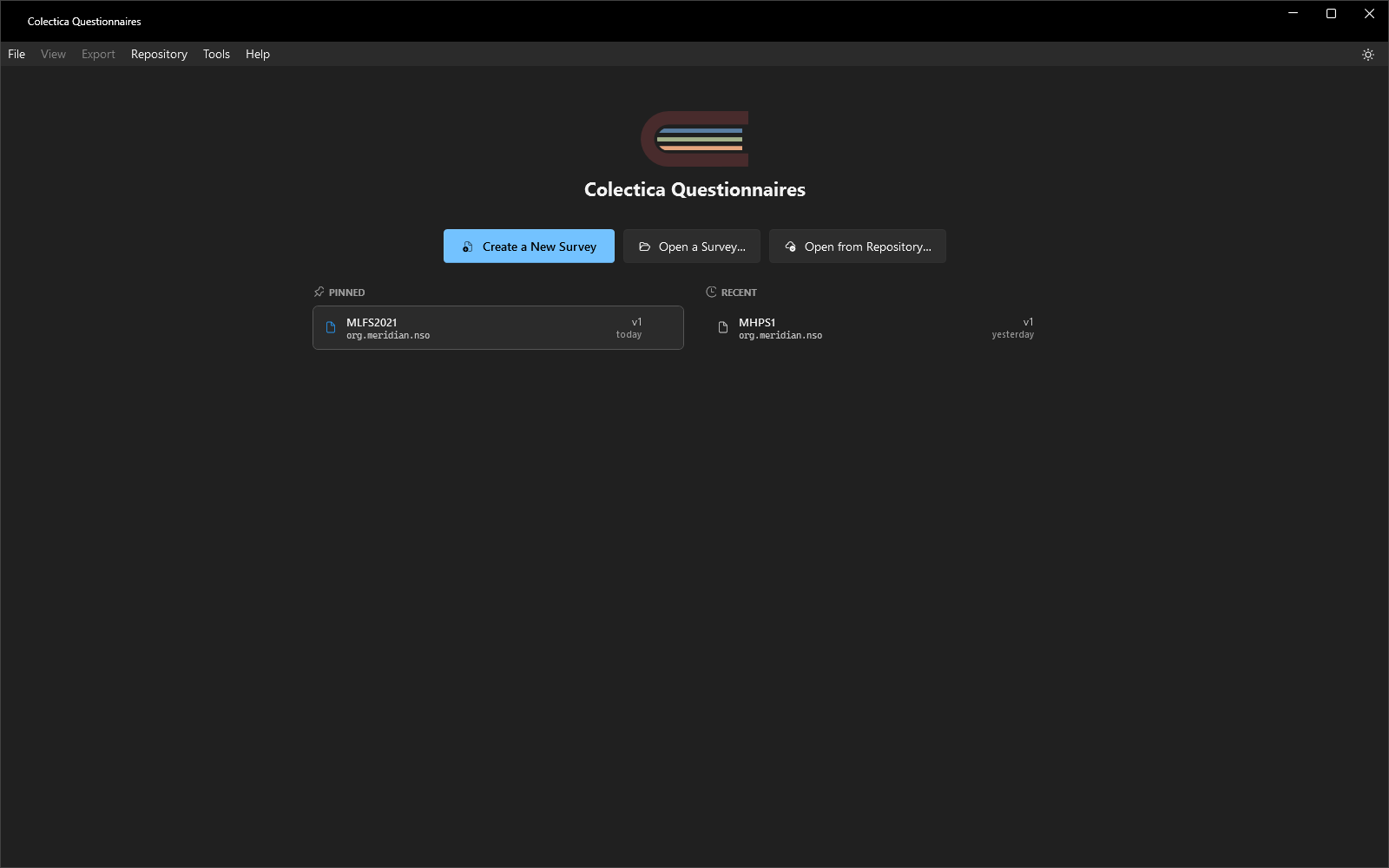 The welcome page with buttons to create or open a survey and lists of pinned and recent surveys
