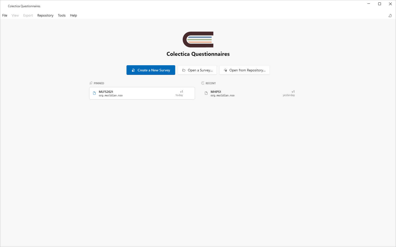 The welcome page with buttons to create or open a survey and lists of pinned and recent surveys